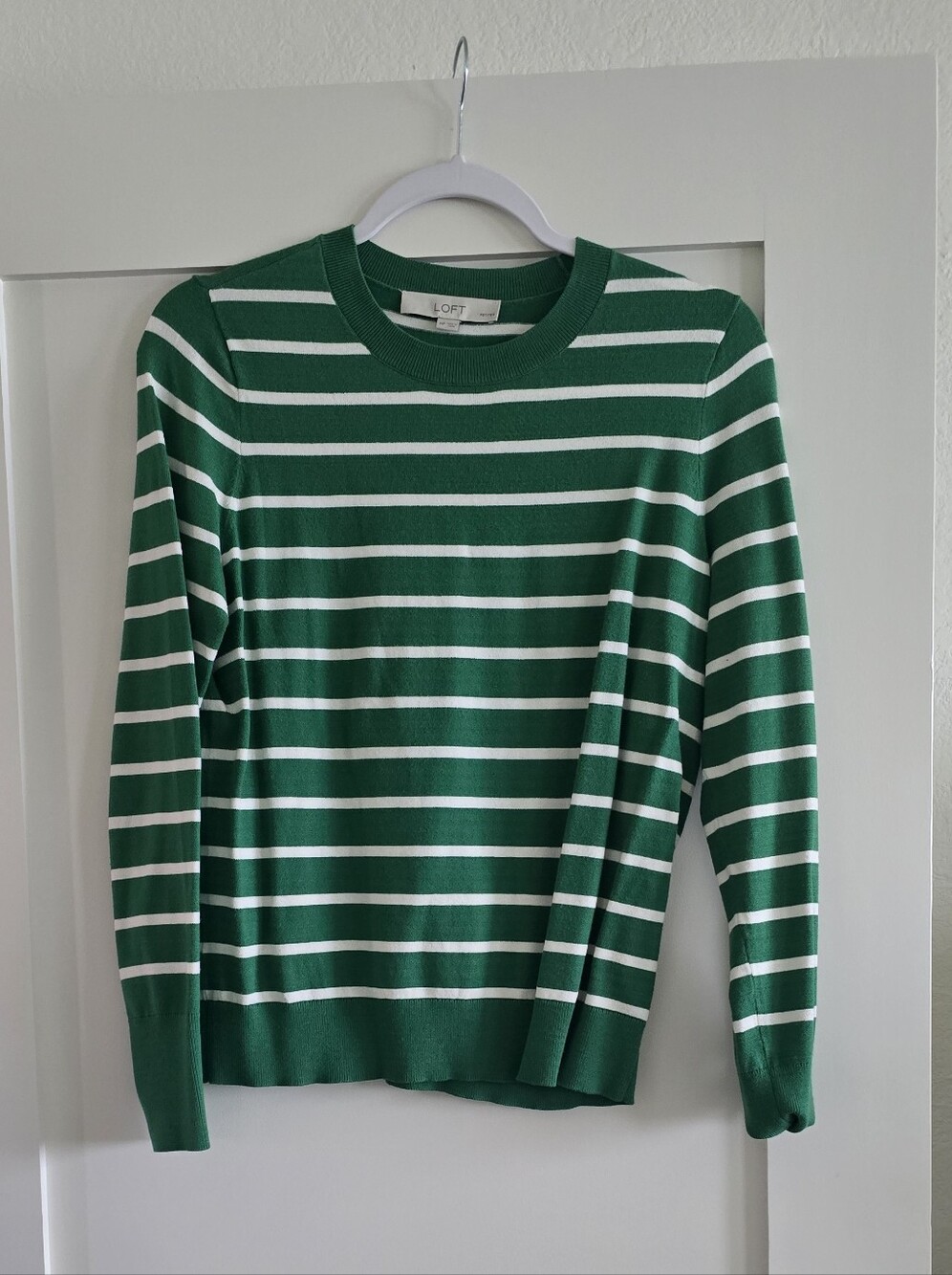 LOFT Green and White Striped Crewneck Sweater